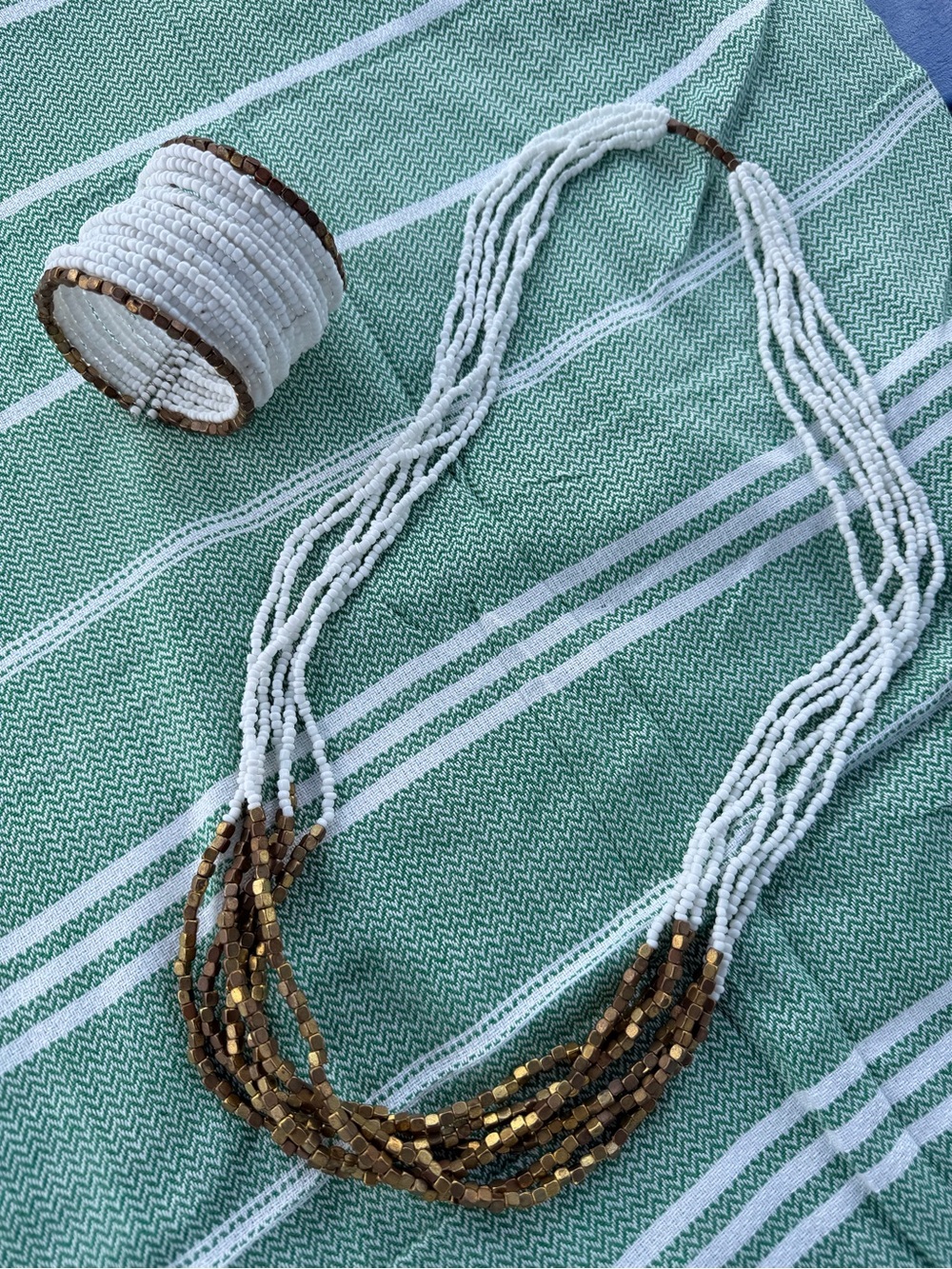 Boho Chic!  Set of Multi-Strand White and Gold Beaded Necklace and Cuff